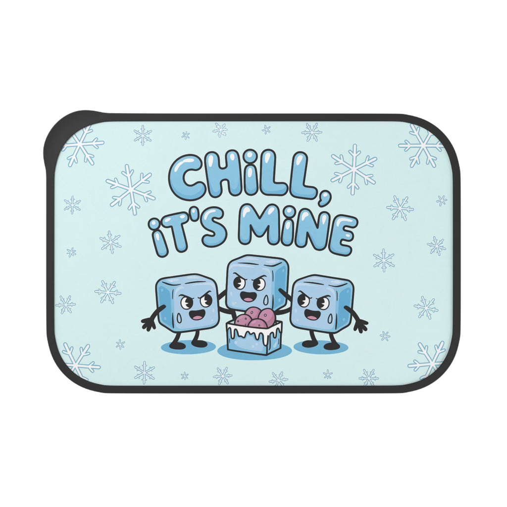 Three cartoon ice cubes with worried faces guarding a bowl of ice cream.