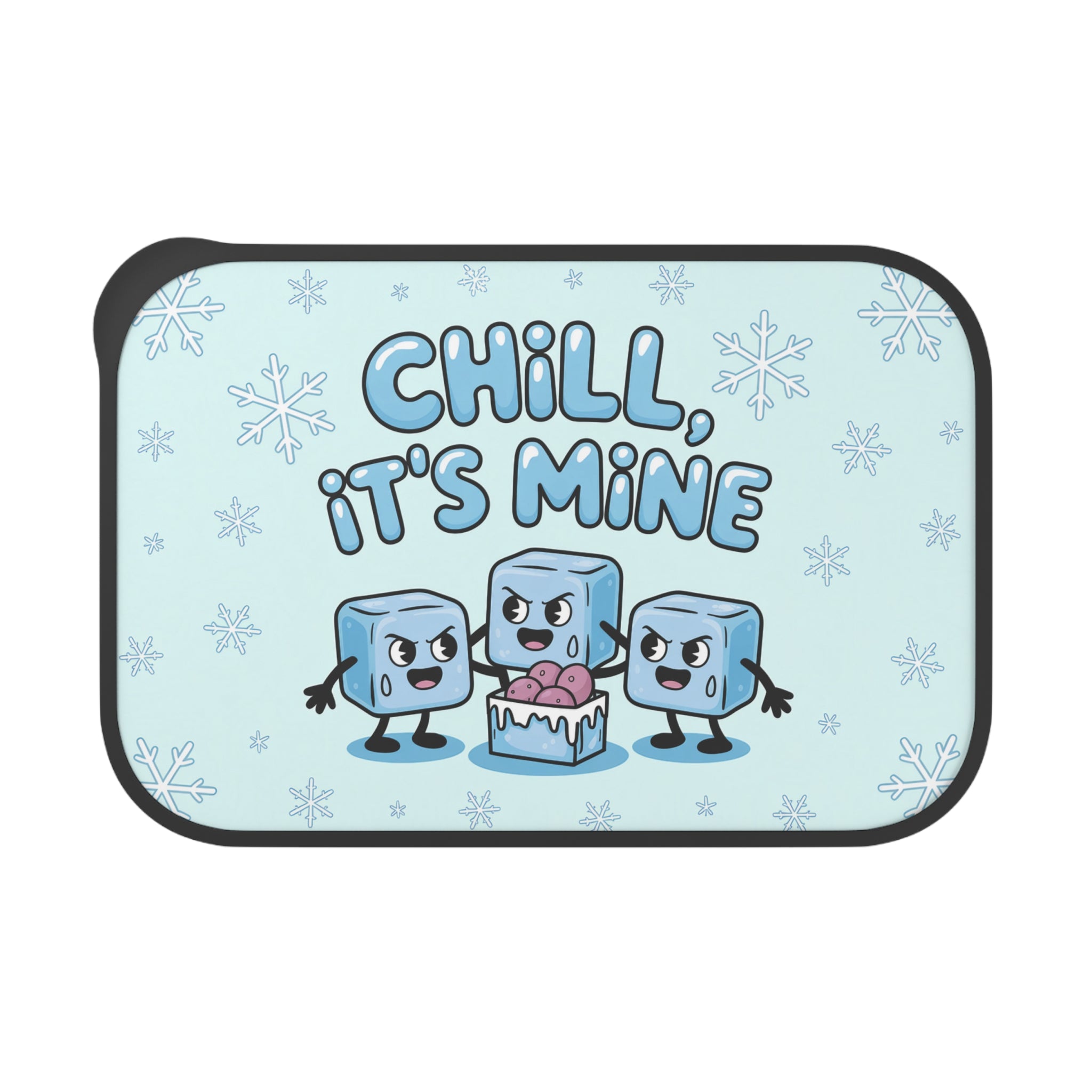 Three cartoon ice cubes with worried faces guarding a bowl of ice cream.