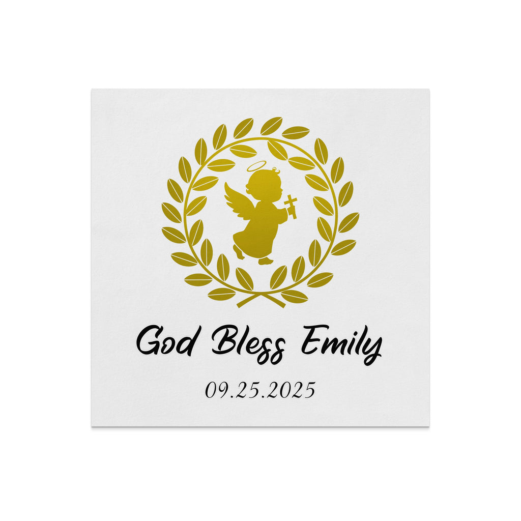 Gold angel with halo and cross inside laurel wreath, "God Bless Emily", and date.