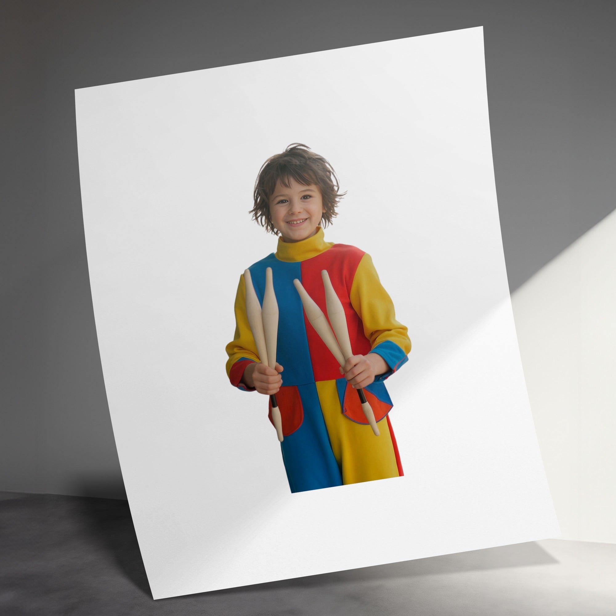 Young boy in colorful costume holding juggling pins, studio shot.