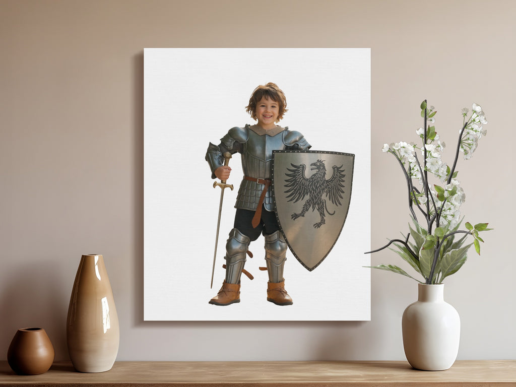 Child in knight's armor holding sword and shield, standing on white background.