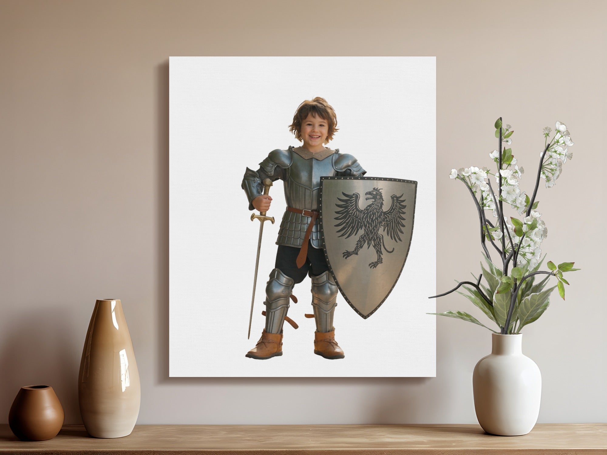 Child in knight's armor holding sword and shield, standing on white background.