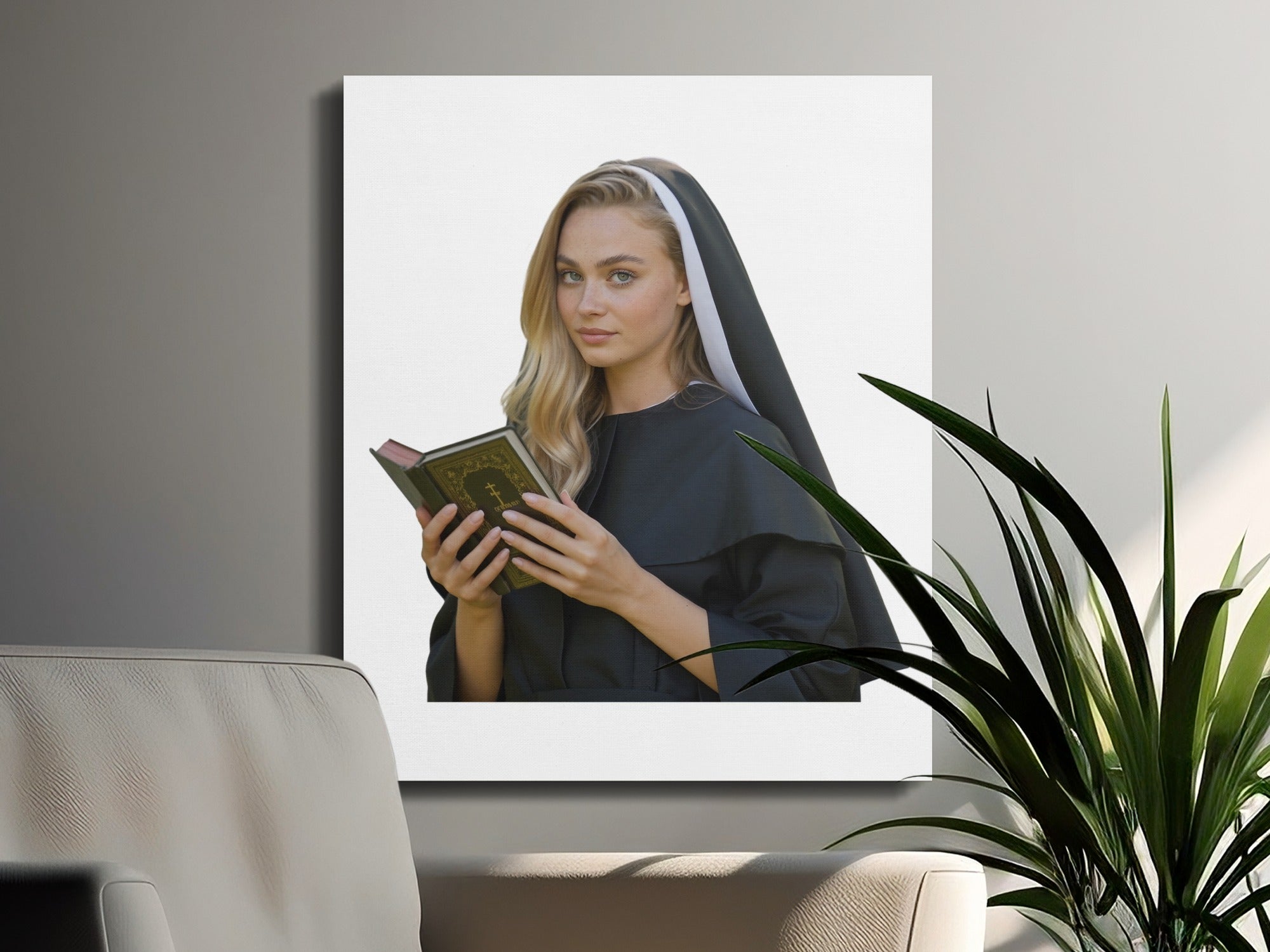 Young woman in nun's habit holding open book.