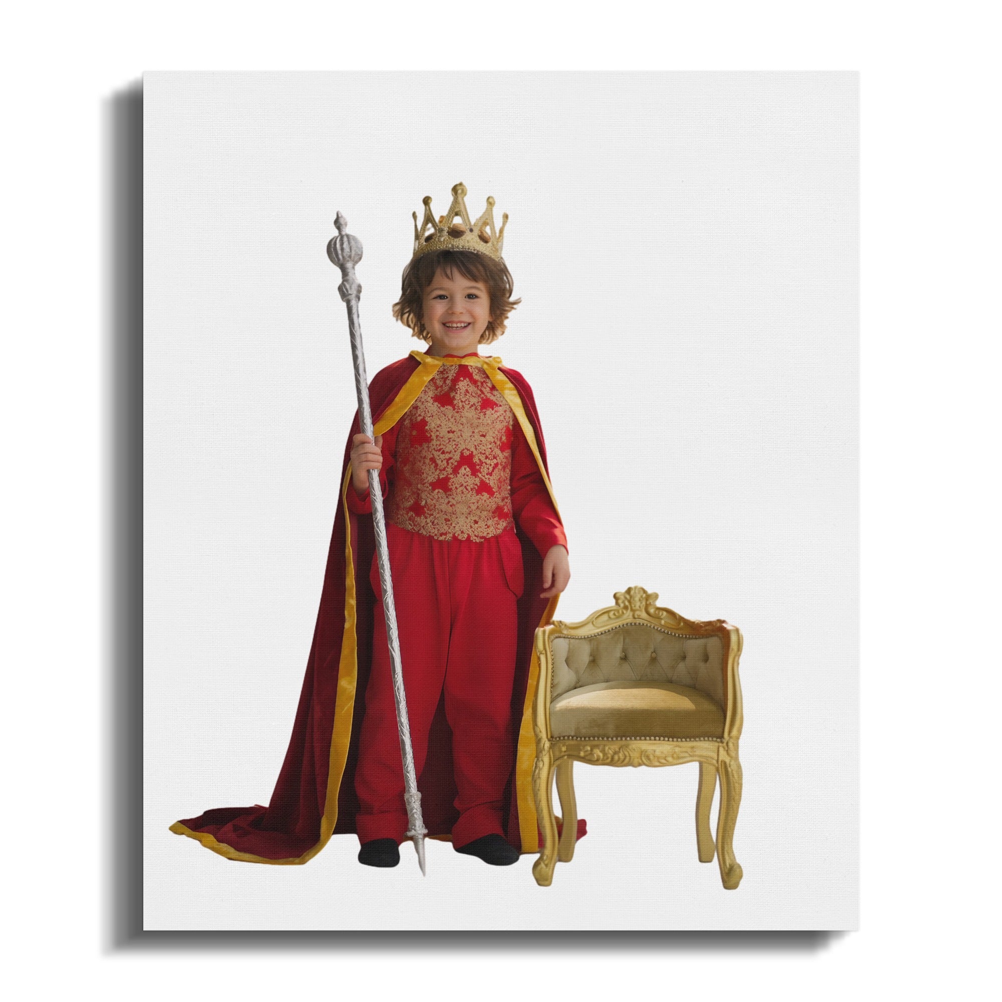 Child in king costume with crown and scepter beside ornate chair.