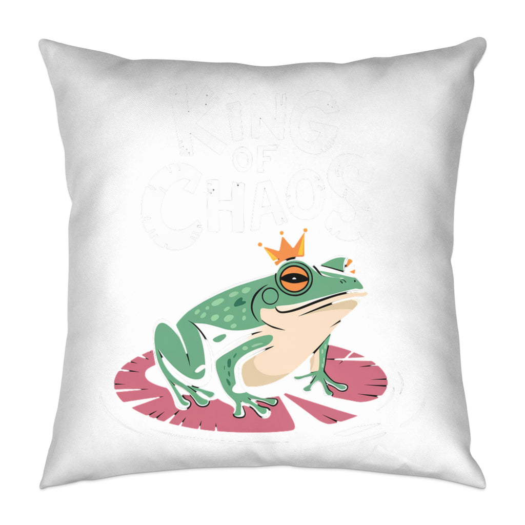 Green frog wearing a crown sits on a lily pad.