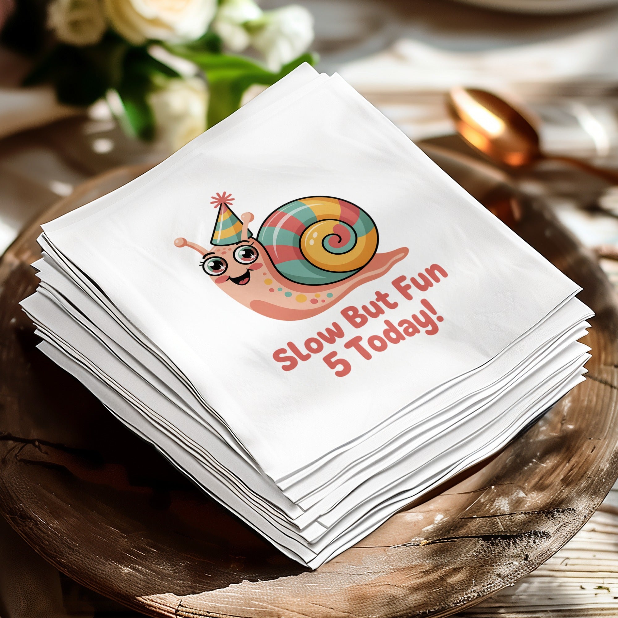 Stack of white napkins featuring a cute snail with a party hat and "Slow But Fun 5 Today!" text.