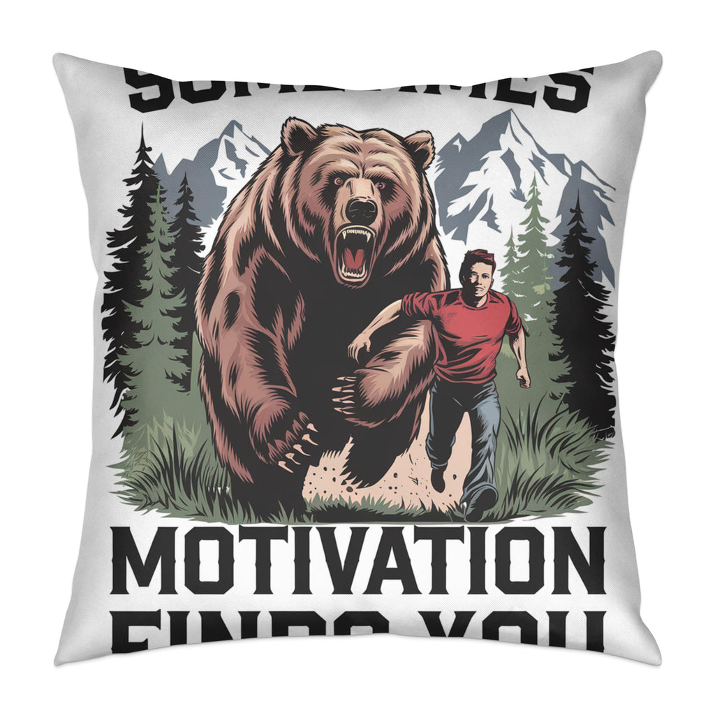 Man running from a bear with text "MOTIVATION FINDS YOU".