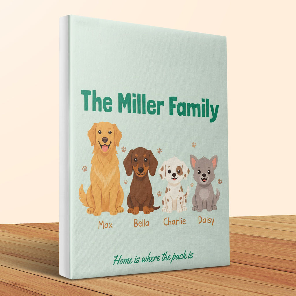 "The Miller Family" canvas features four dogs: Max, Bella, Charlie, and Daisy.