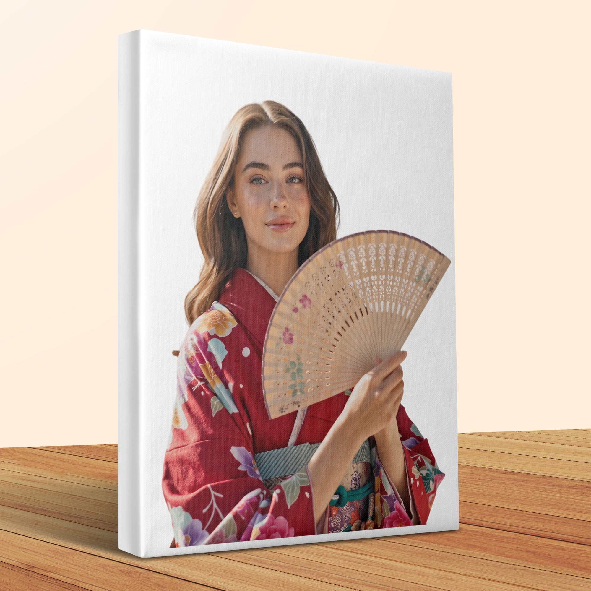 Woman in red kimono holding a fan.