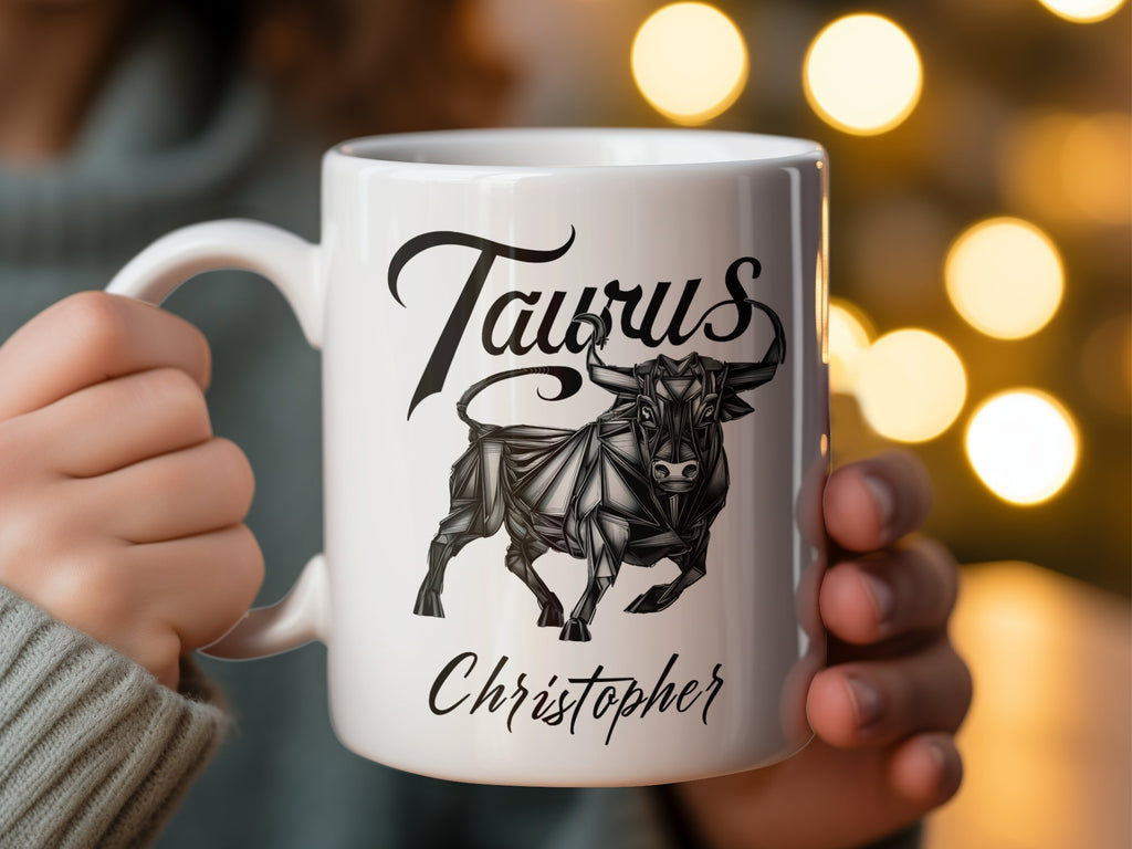 White mug with Taurus constellation bull and "Christopher" text.