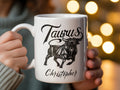 White mug with Taurus constellation bull and "Christopher" text.