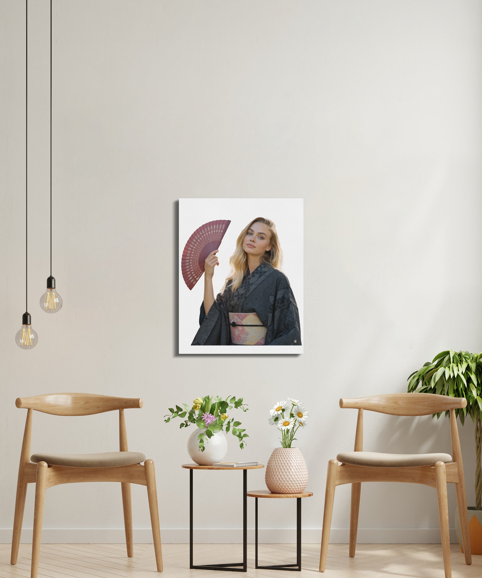 Woman in a dark kimono holding a red fan.