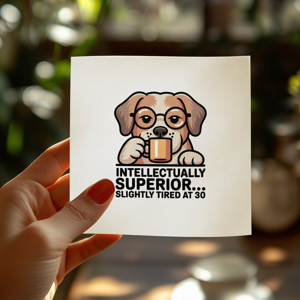 Dog wearing glasses holding coffee mug with text "Intellectually Superior... Slightly Tired at 30".