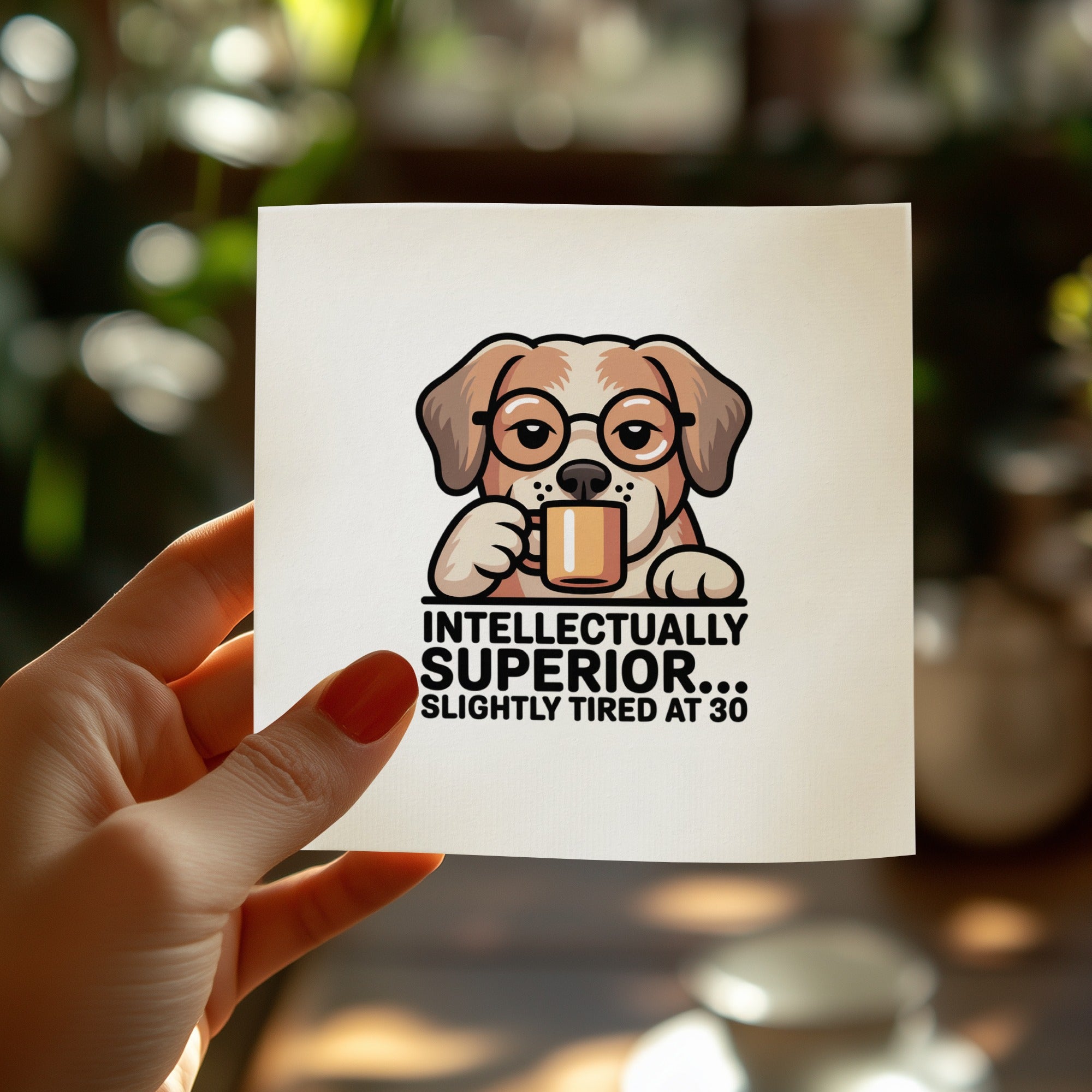 Dog wearing glasses holding coffee mug with text "Intellectually Superior... Slightly Tired at 30".