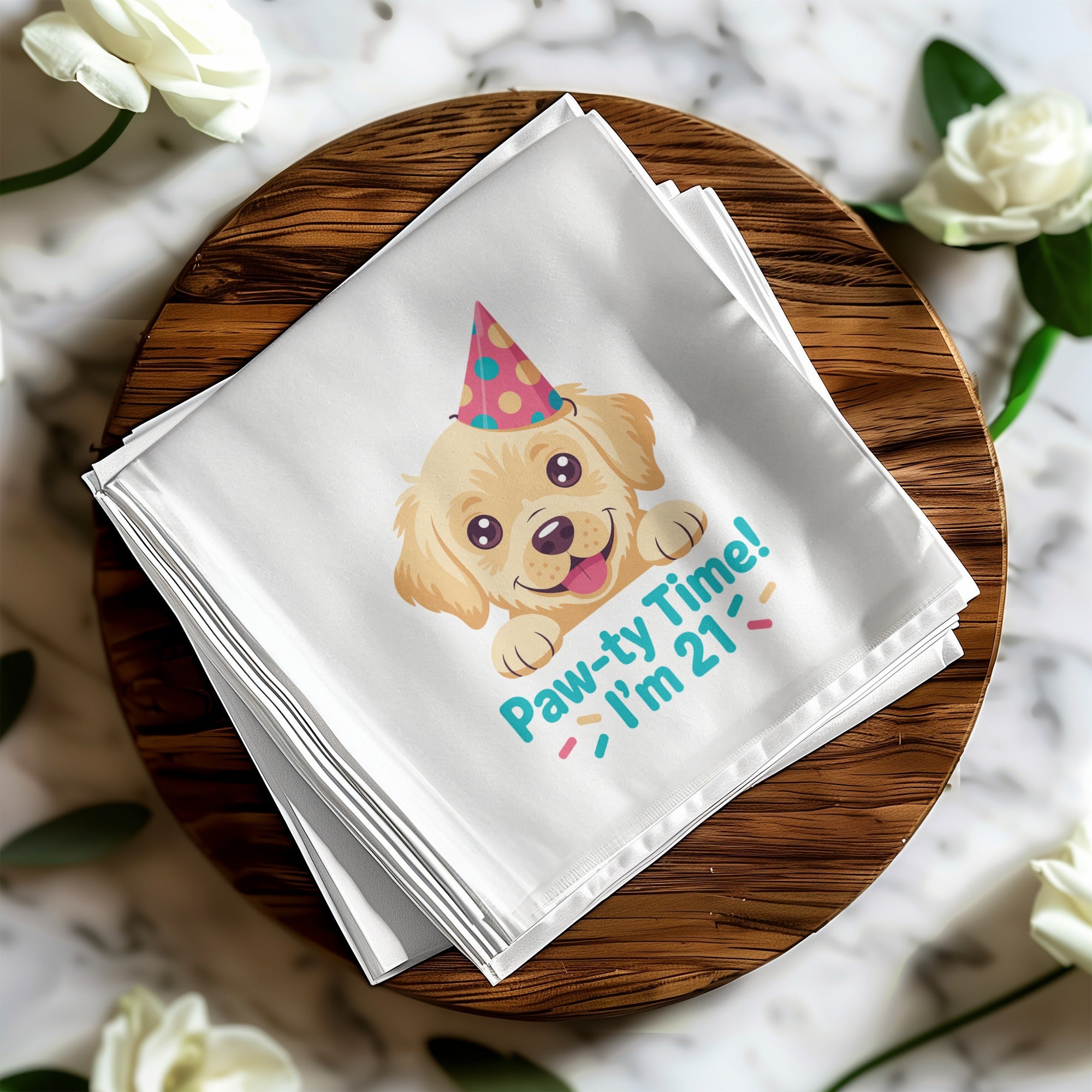 Dog wearing party hat saying "Paw-ty Time! I'm 21!"