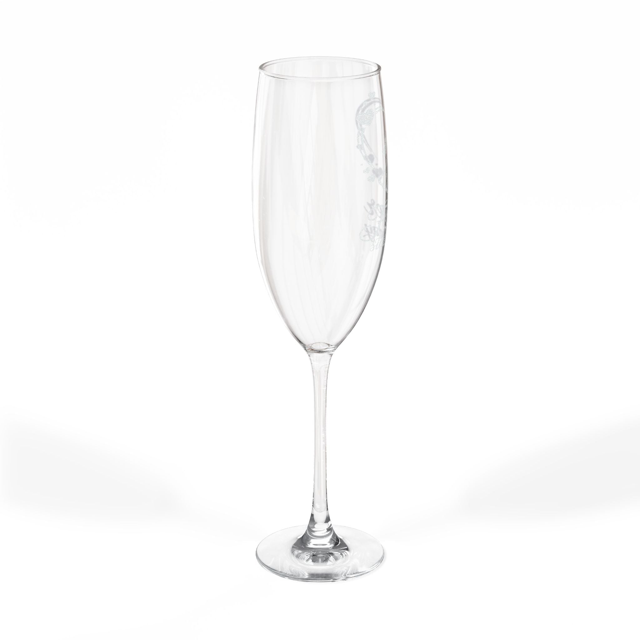 Clear glass champagne flute with a subtle etched design on the bowl.