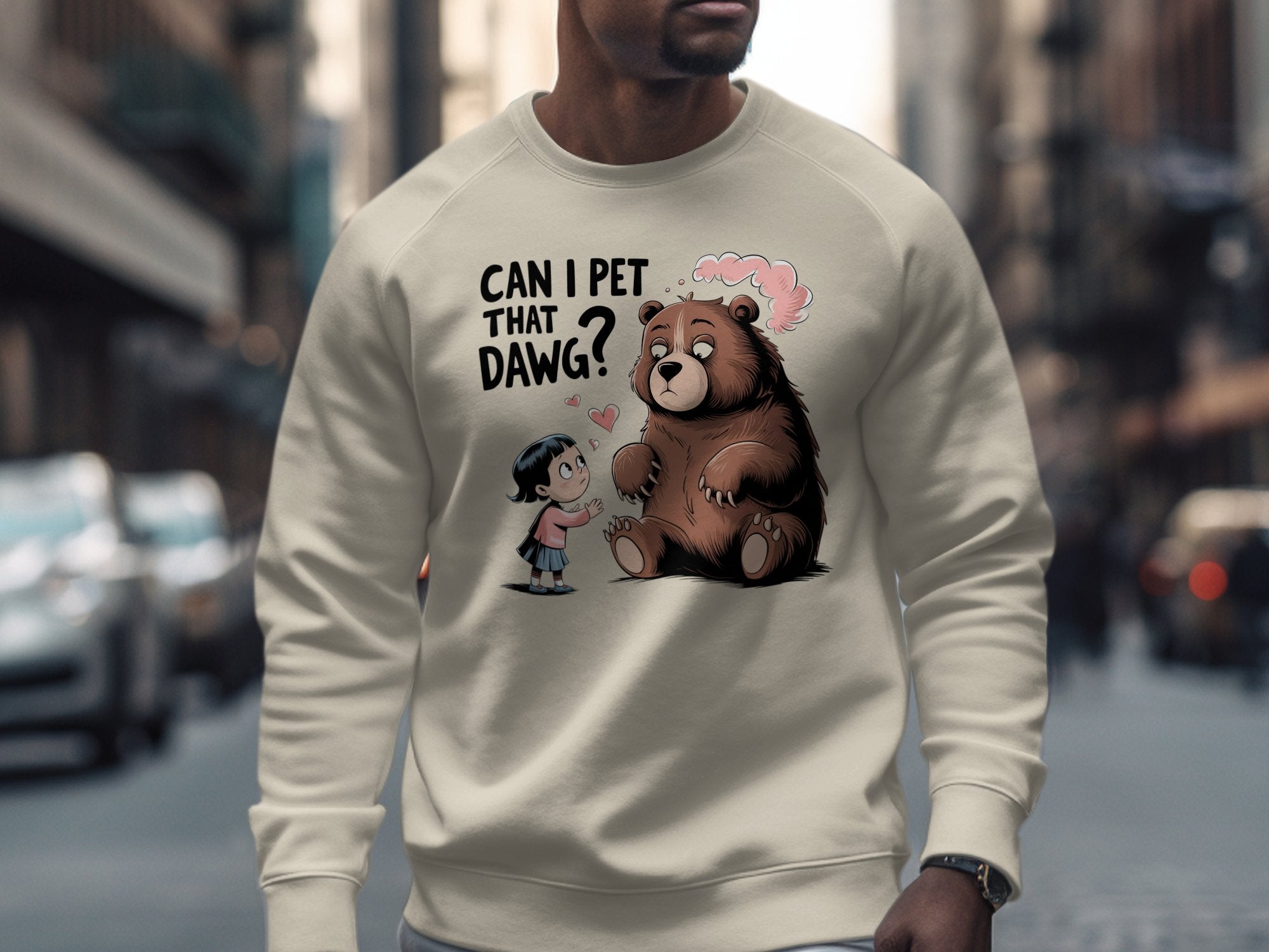 Crewneck sweatshirt with cartoon of a girl asking a large bear "Can I pet that dawg?".
