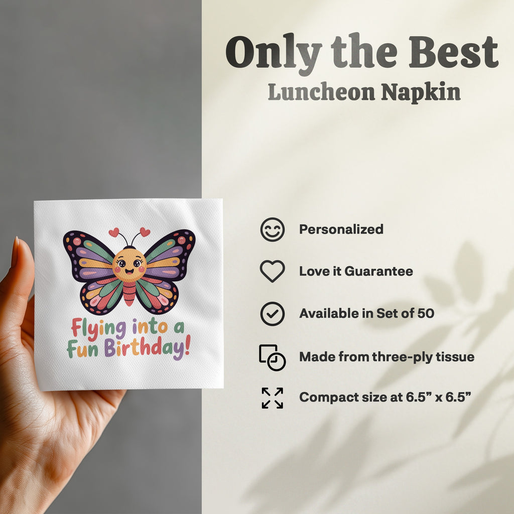 Luncheon napkin with butterfly graphic and "Flying into a Fun Birthday!" text.