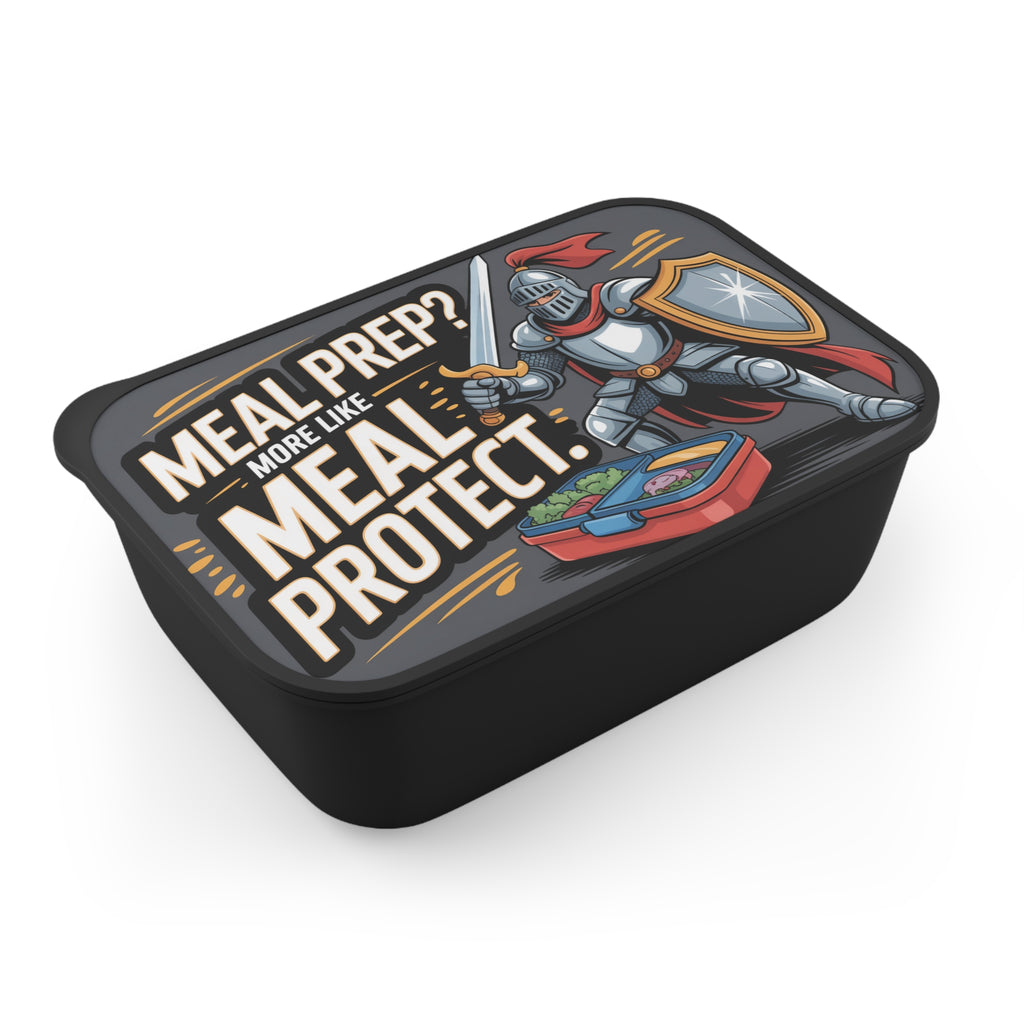 Knight in armor with "Meal Prep? More Like Meal Protect." text on black lunchbox.