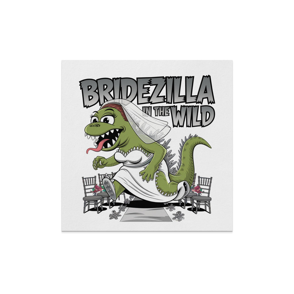 Bridezilla in the Wild cartoon of a dinosaur bride in a wedding dress running.