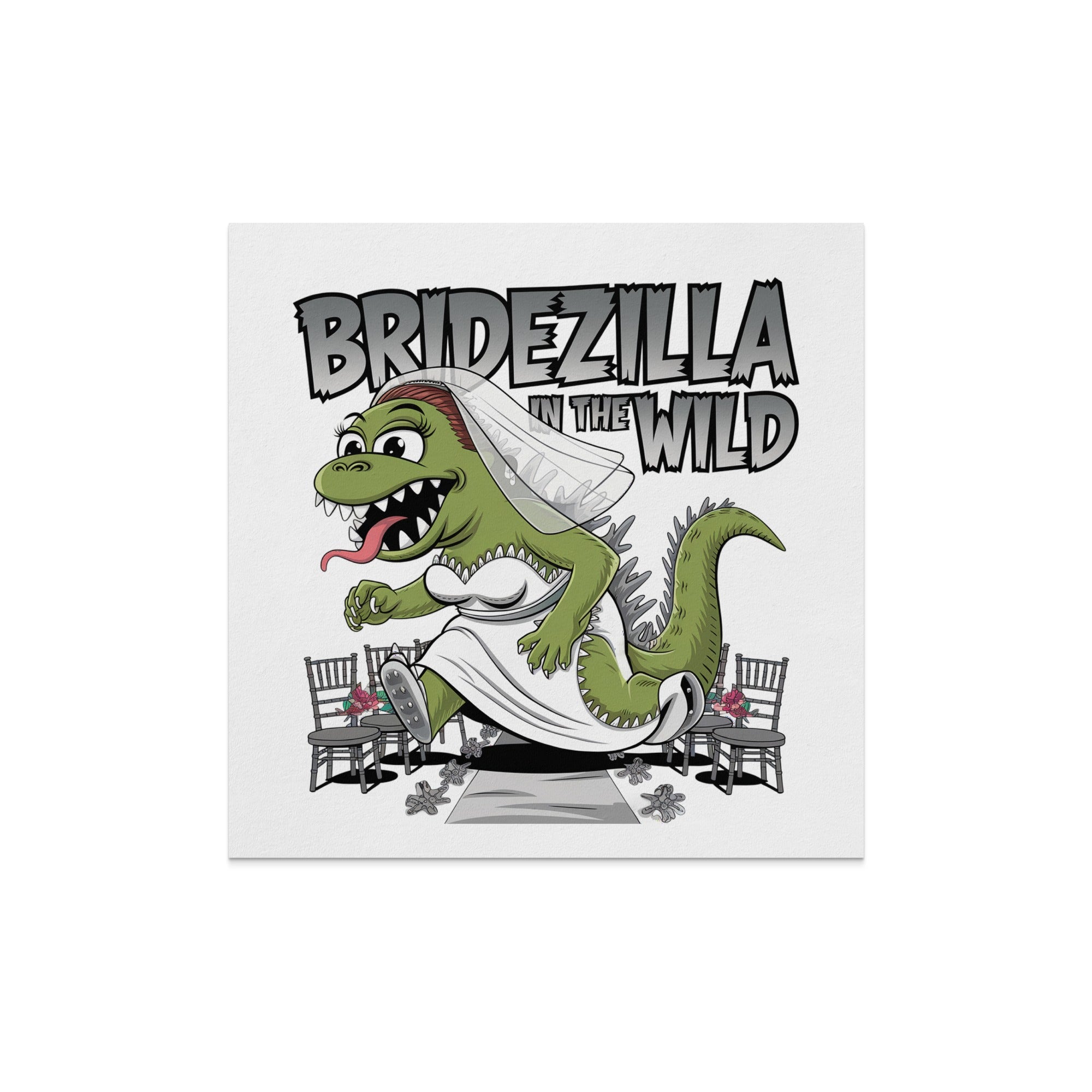 Bridezilla in the Wild cartoon of a dinosaur bride in a wedding dress running.