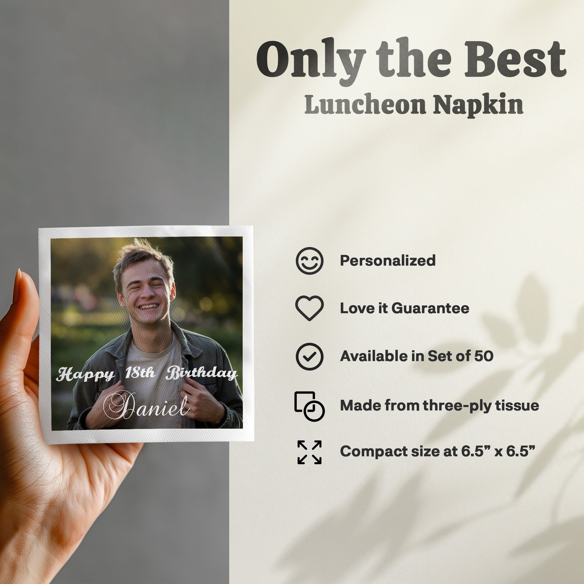 Luncheon napkin with "Happy 18th Birthday Daniel" photo and product details.