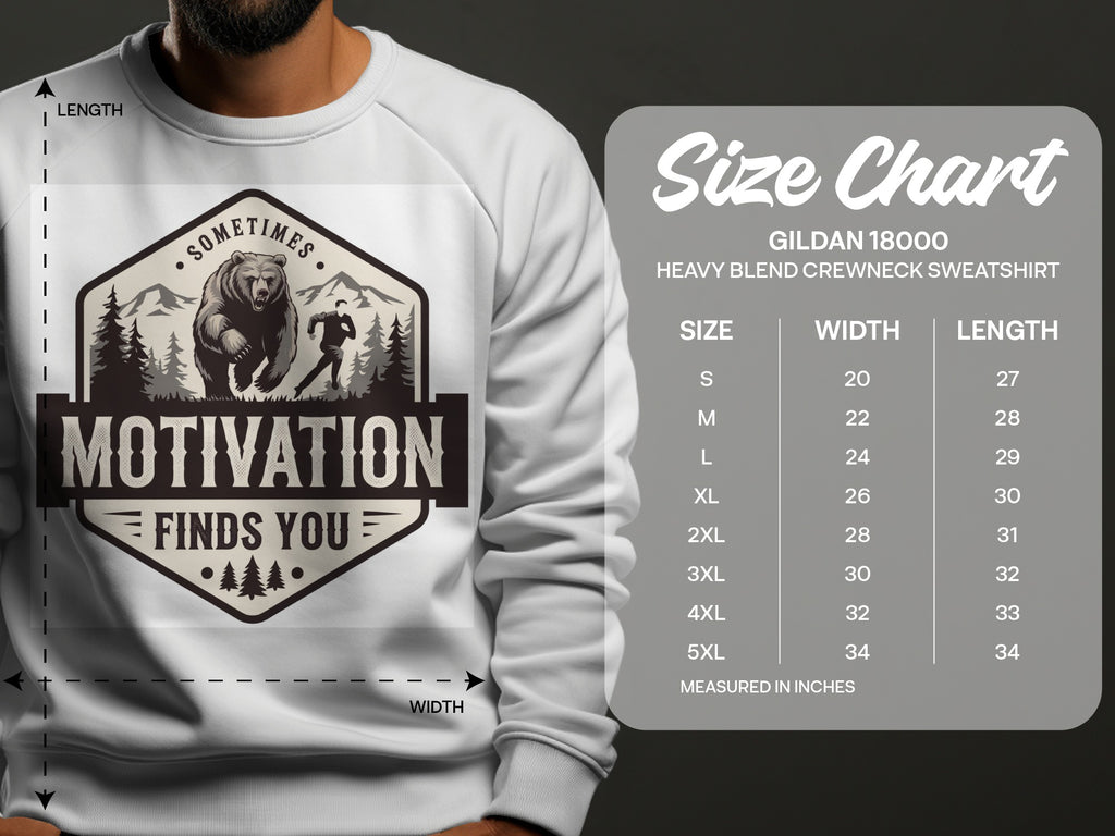 Gildan 18000 sweatshirt size chart with measurements for width and length.