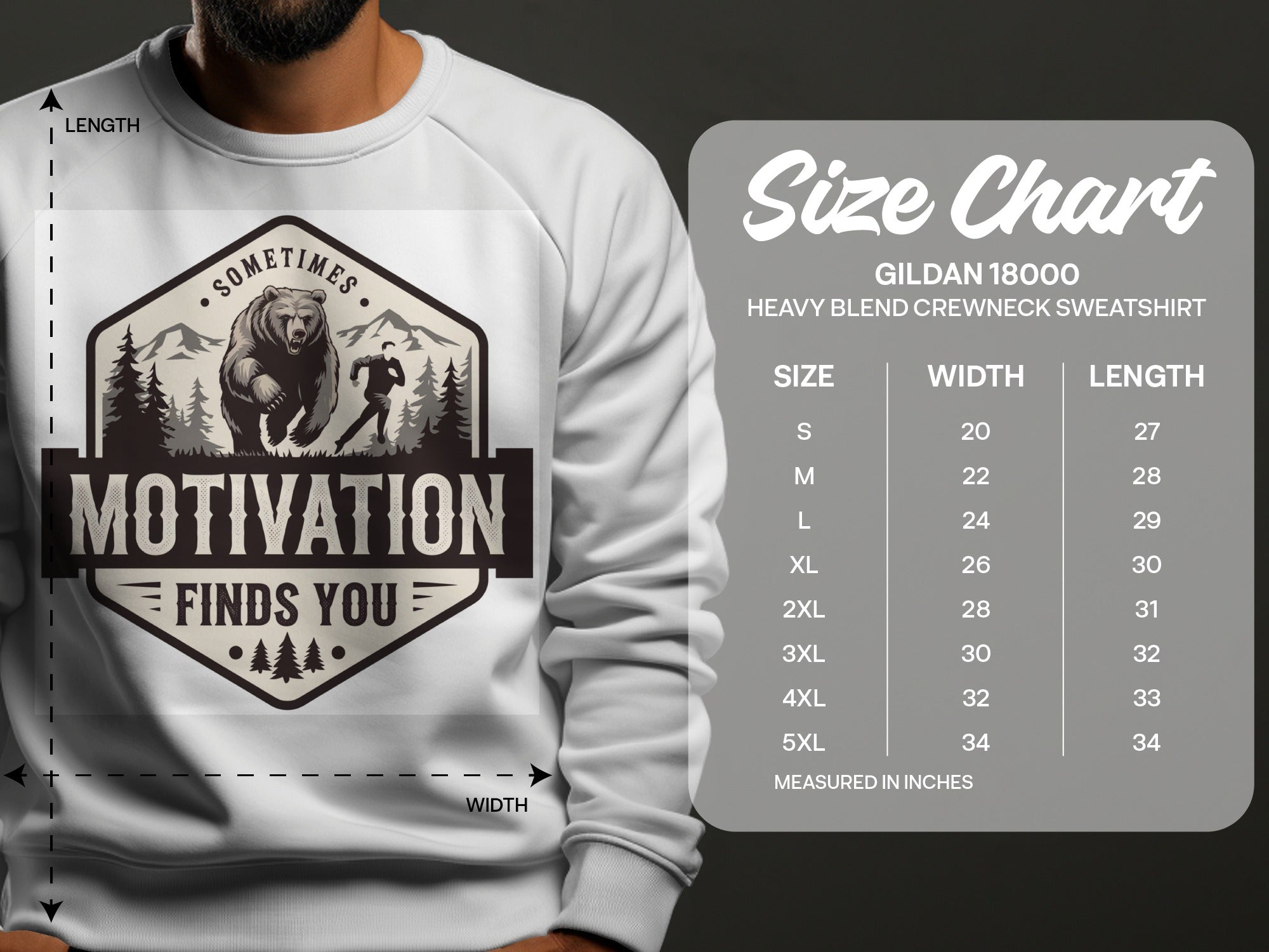 Gildan 18000 sweatshirt size chart with measurements for width and length.