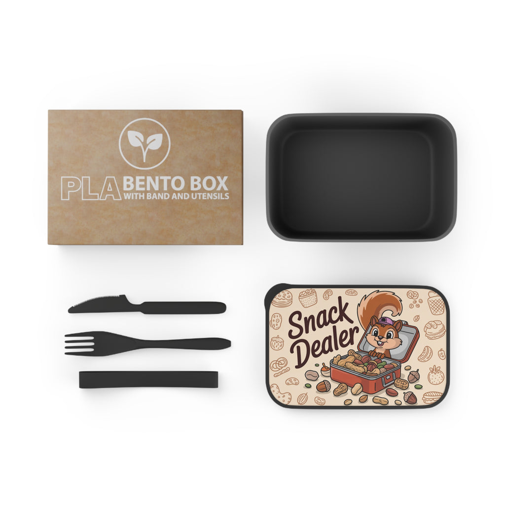PLA Bento Box with utensils, featuring a "Snack Dealer" squirrel illustration on the lid.