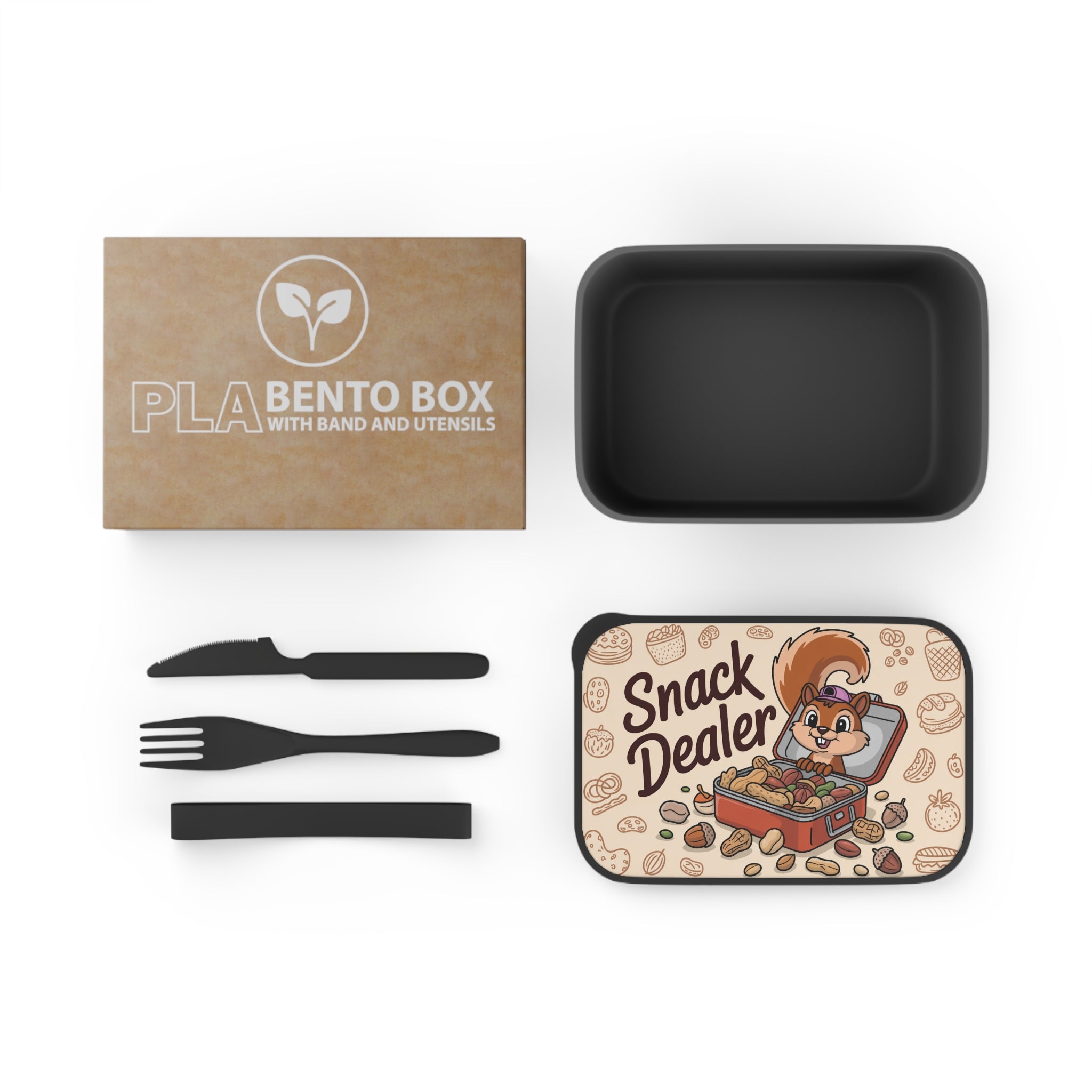 PLA Bento Box with utensils, featuring a "Snack Dealer" squirrel illustration on the lid.