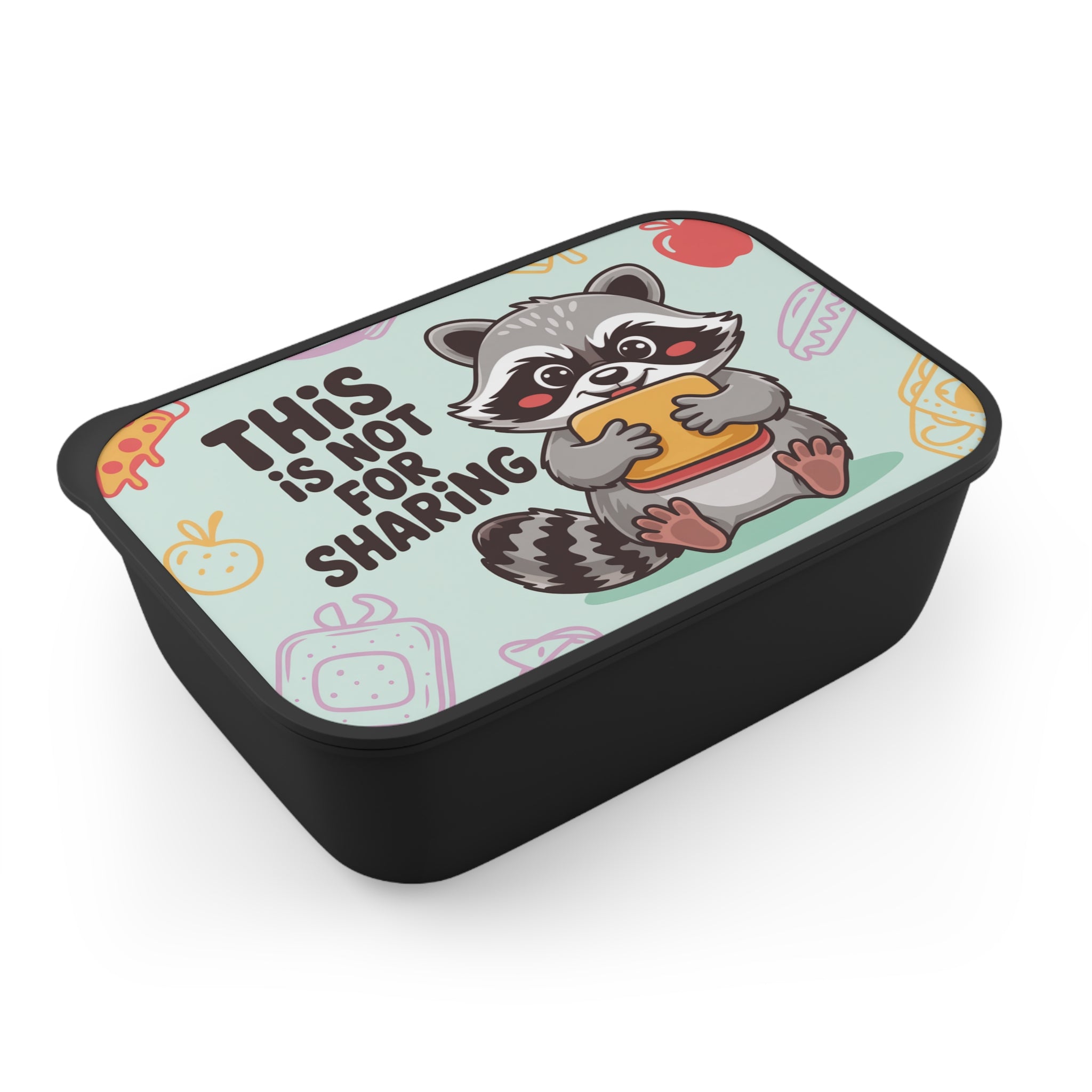 Raccoon holding a sandwich on a lunchbox with food icons.
