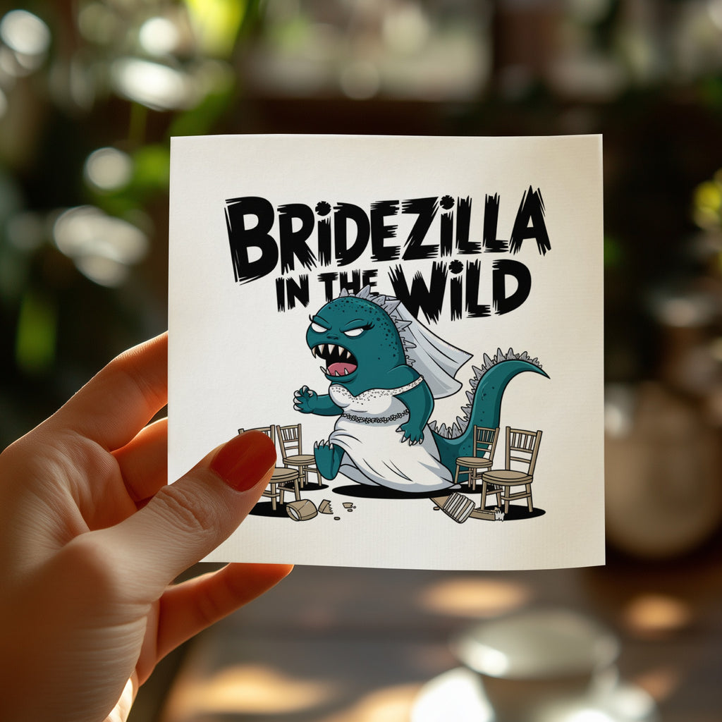Illustration of "Bridezilla in the Wild" with a monster bride in a torn wedding dress and broken chairs.