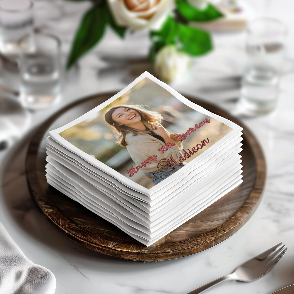 Stack of personalized napkins with "Happy 18th Birthday Madison" text and photo.