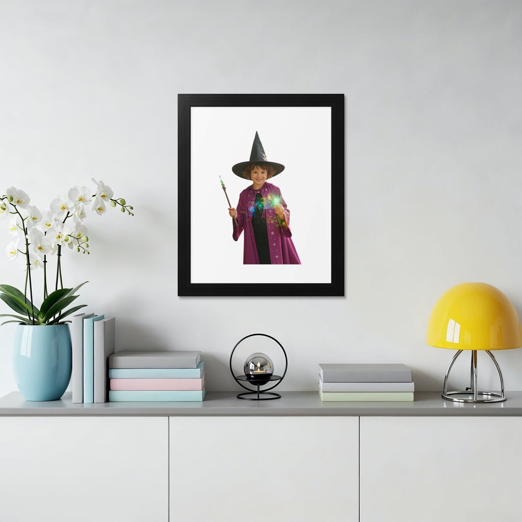 Child in wizard costume holding a wand with colorful sparks.