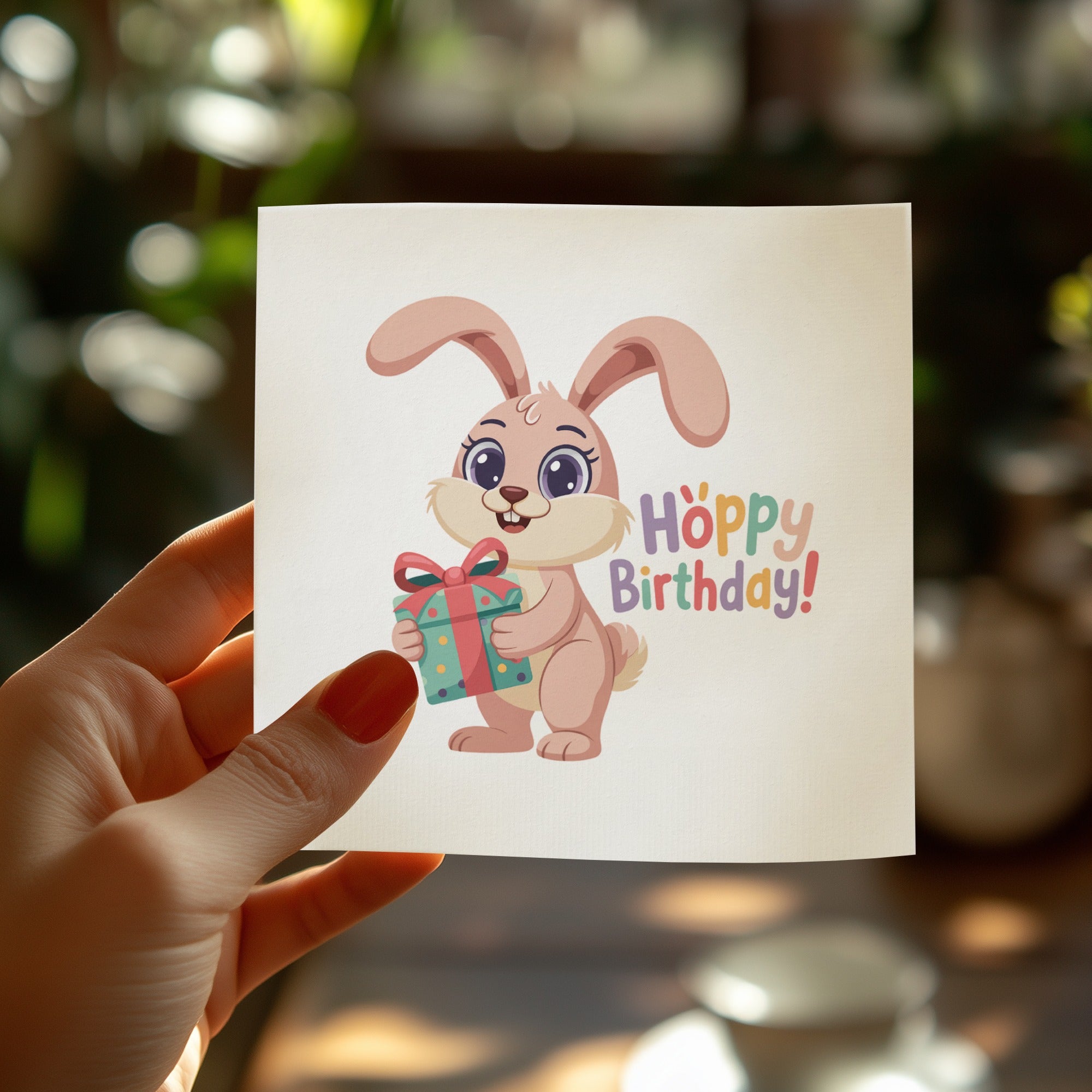 Cute cartoon bunny holding a gift with "Hoppy birthday!" text.