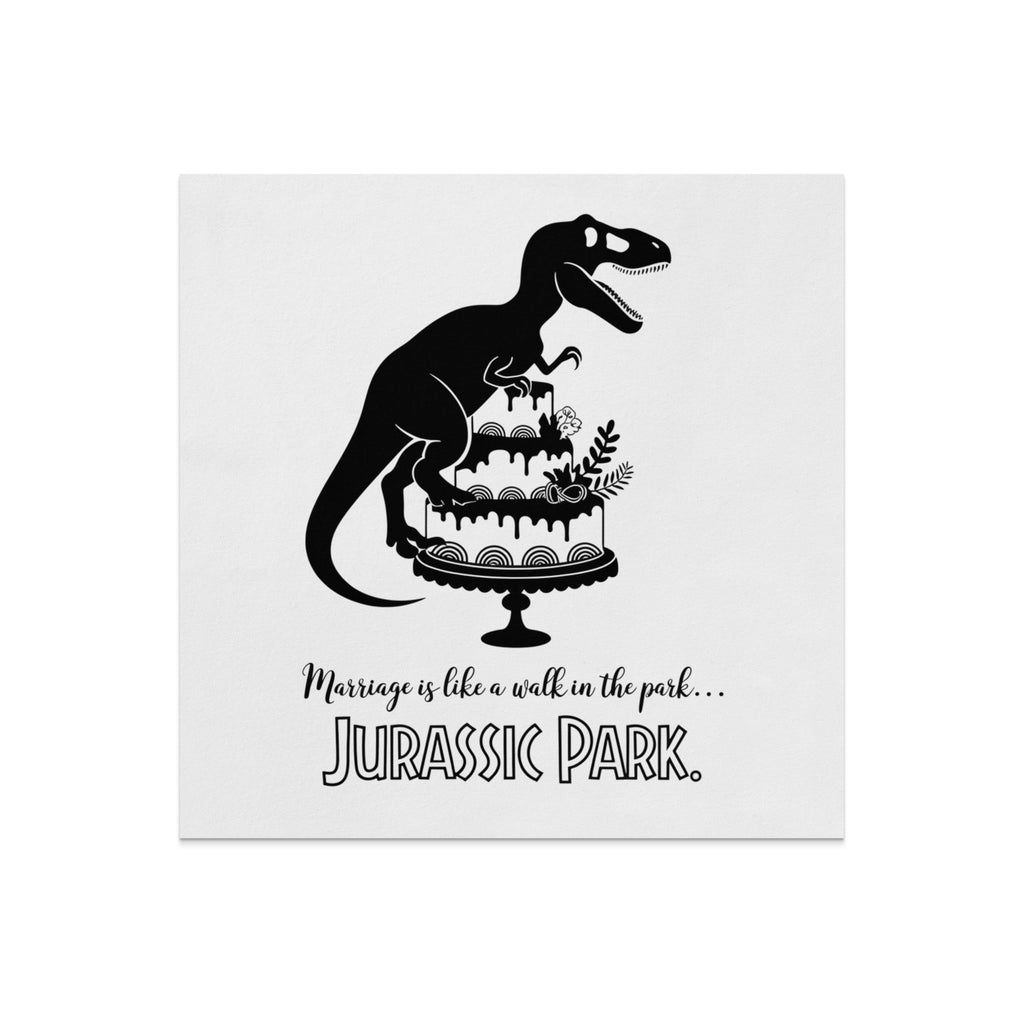 Black silhouette of a T-Rex on a wedding cake with text.