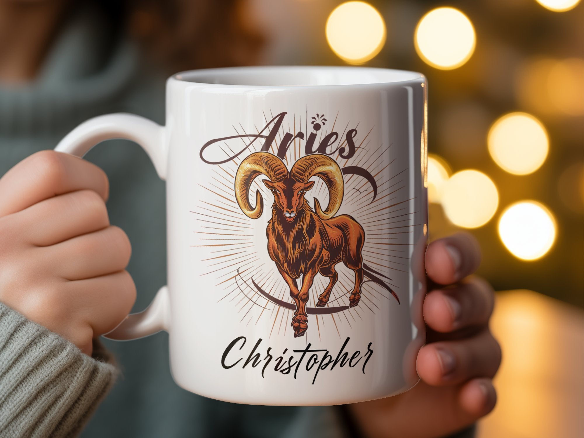 White mug with Aries ram graphic and "Christopher" text.