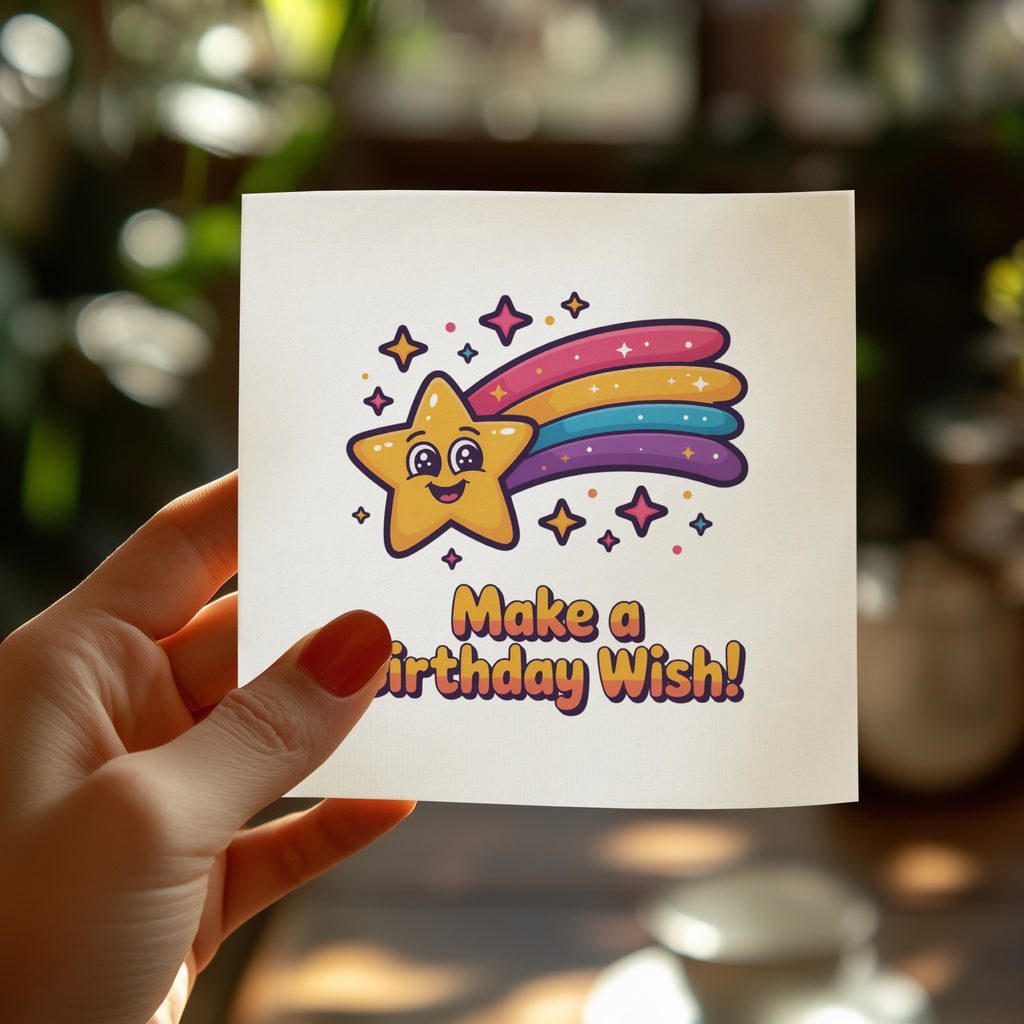 Card with cartoon shooting star saying "Make a Birthday Wish!"