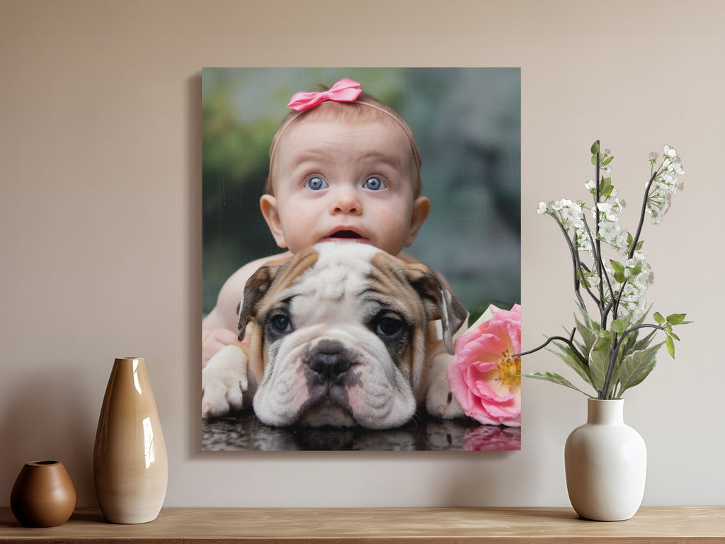 Baby with English Bulldog puppy and pink rose, on shelf with vases.