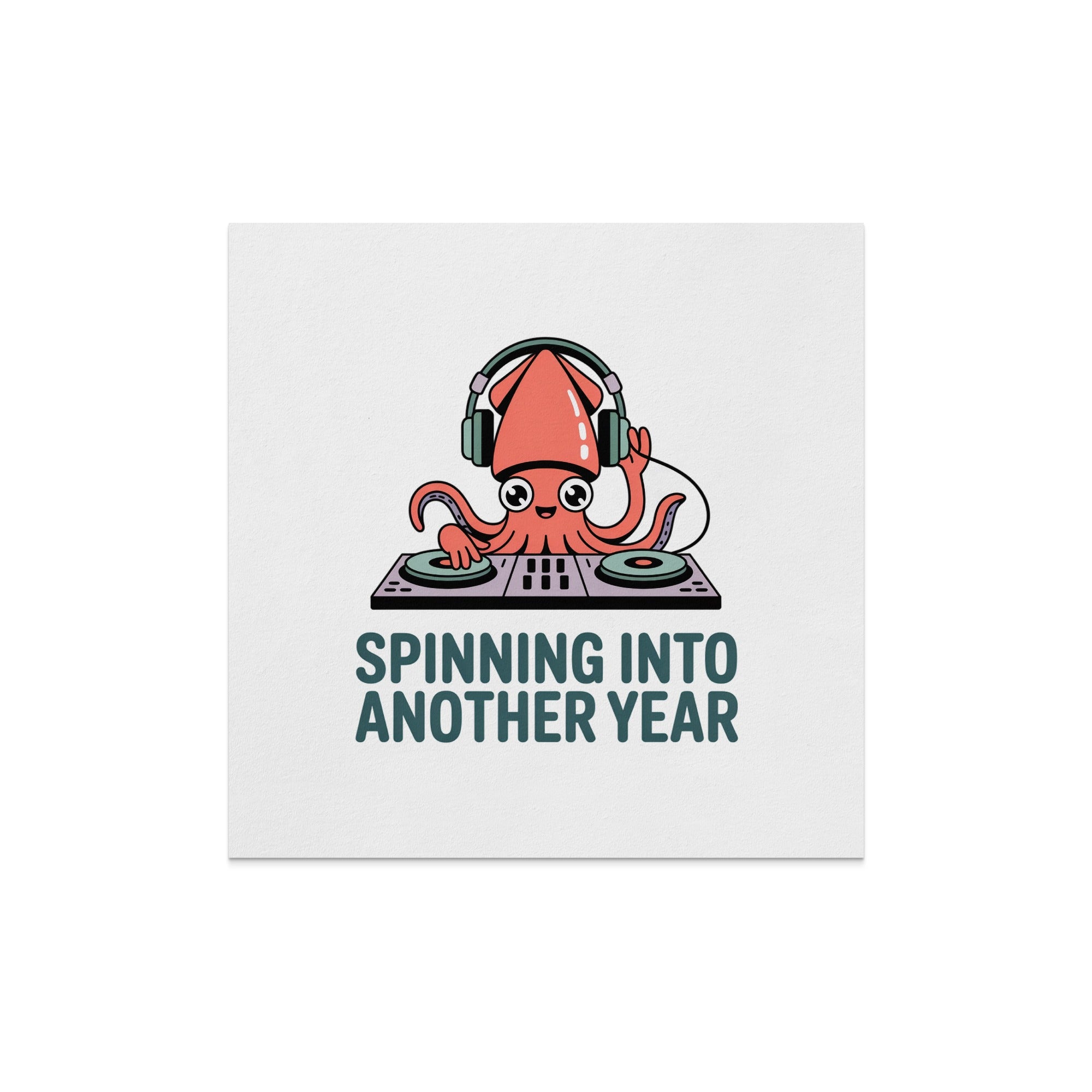 Cartoon squid DJ wearing headphones spins records on turntables.