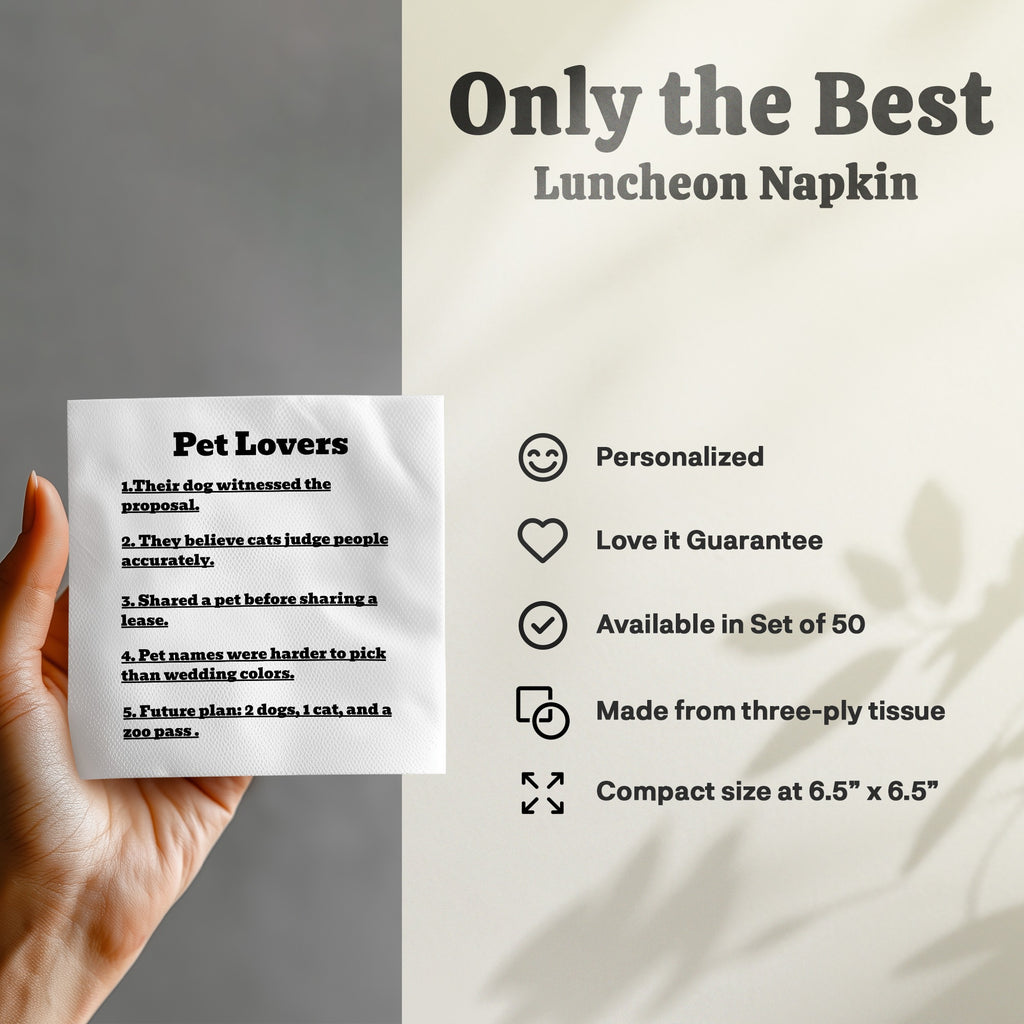 Luncheon napkin with "Pet Lovers" humor and product details.
