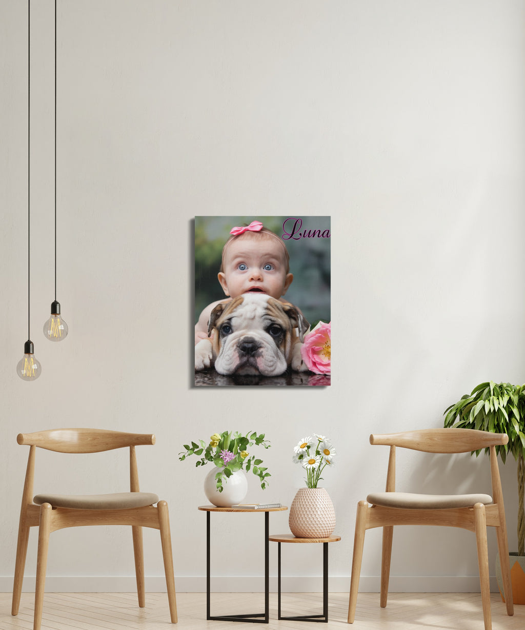 Bulldog puppy and baby girl named Luna on canvas print.
