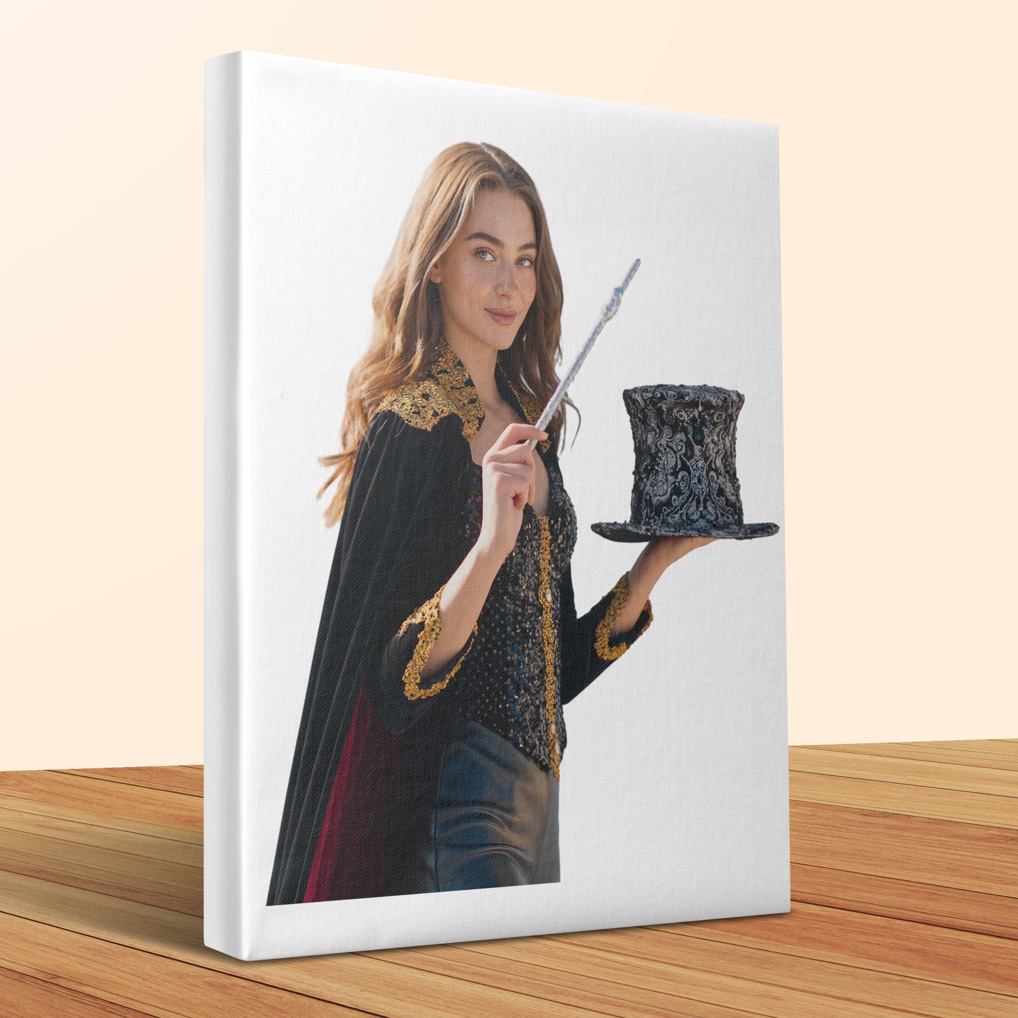 Young woman in magician costume holds wand and top hat.