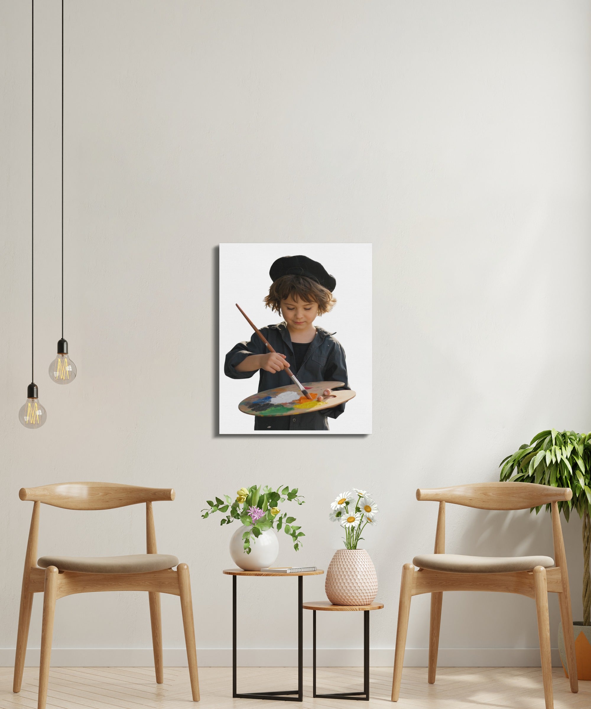 Boy in beret painting on a palette with colorful paints.