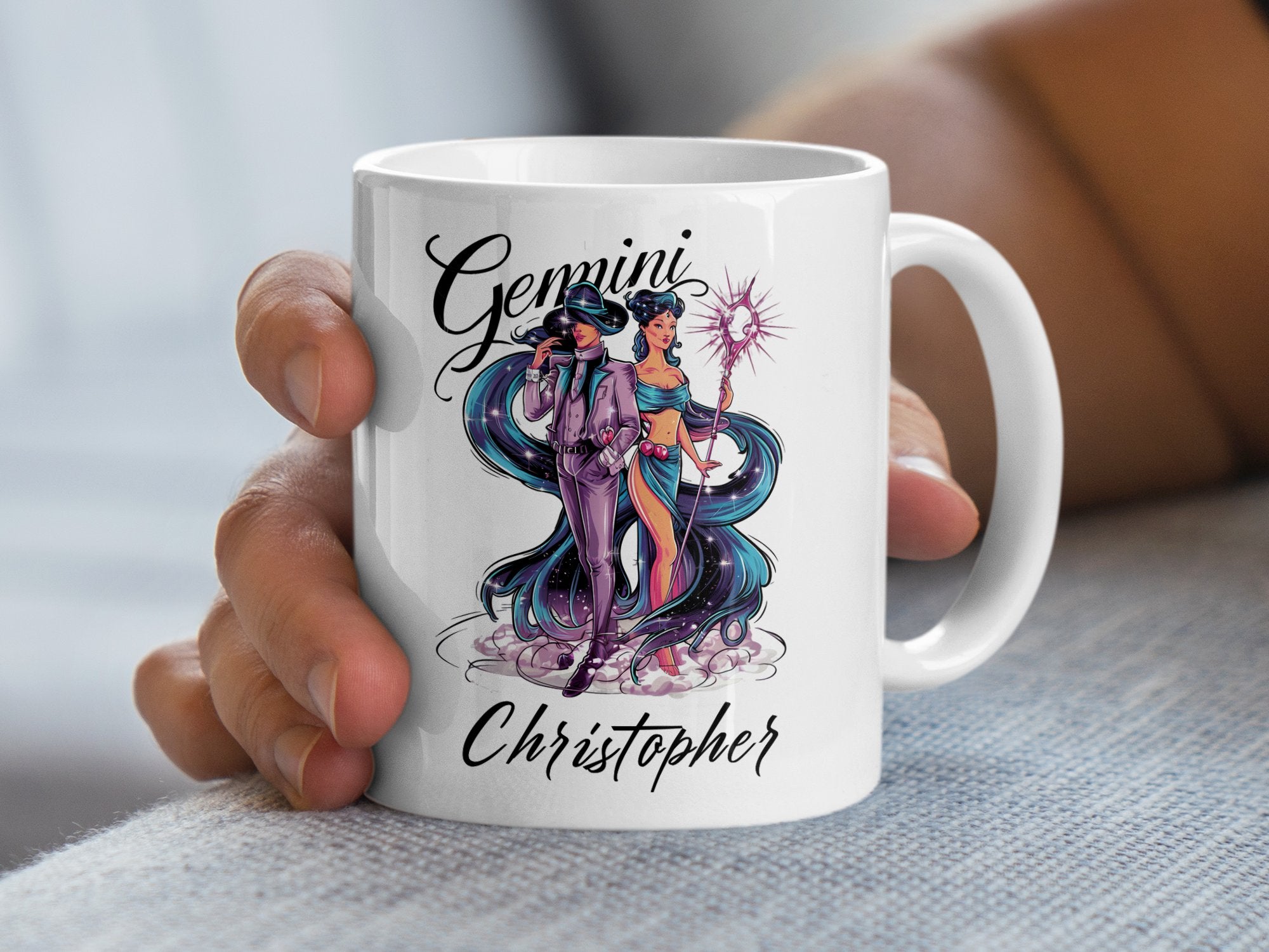 White mug with Gemini zodiac sign artwork and the name "Christopher".