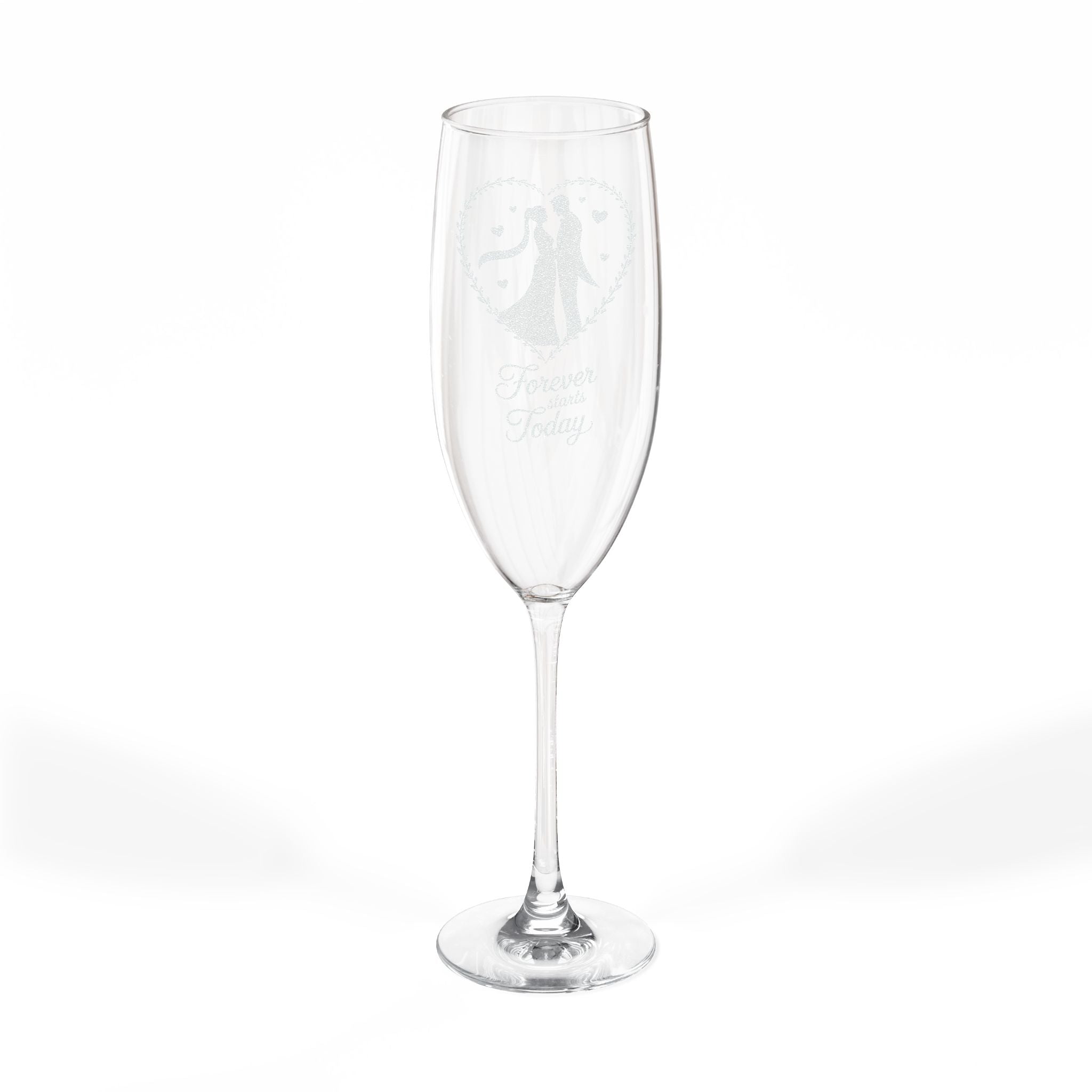 Champagne flute with "Forever starts Today" and couple etching.