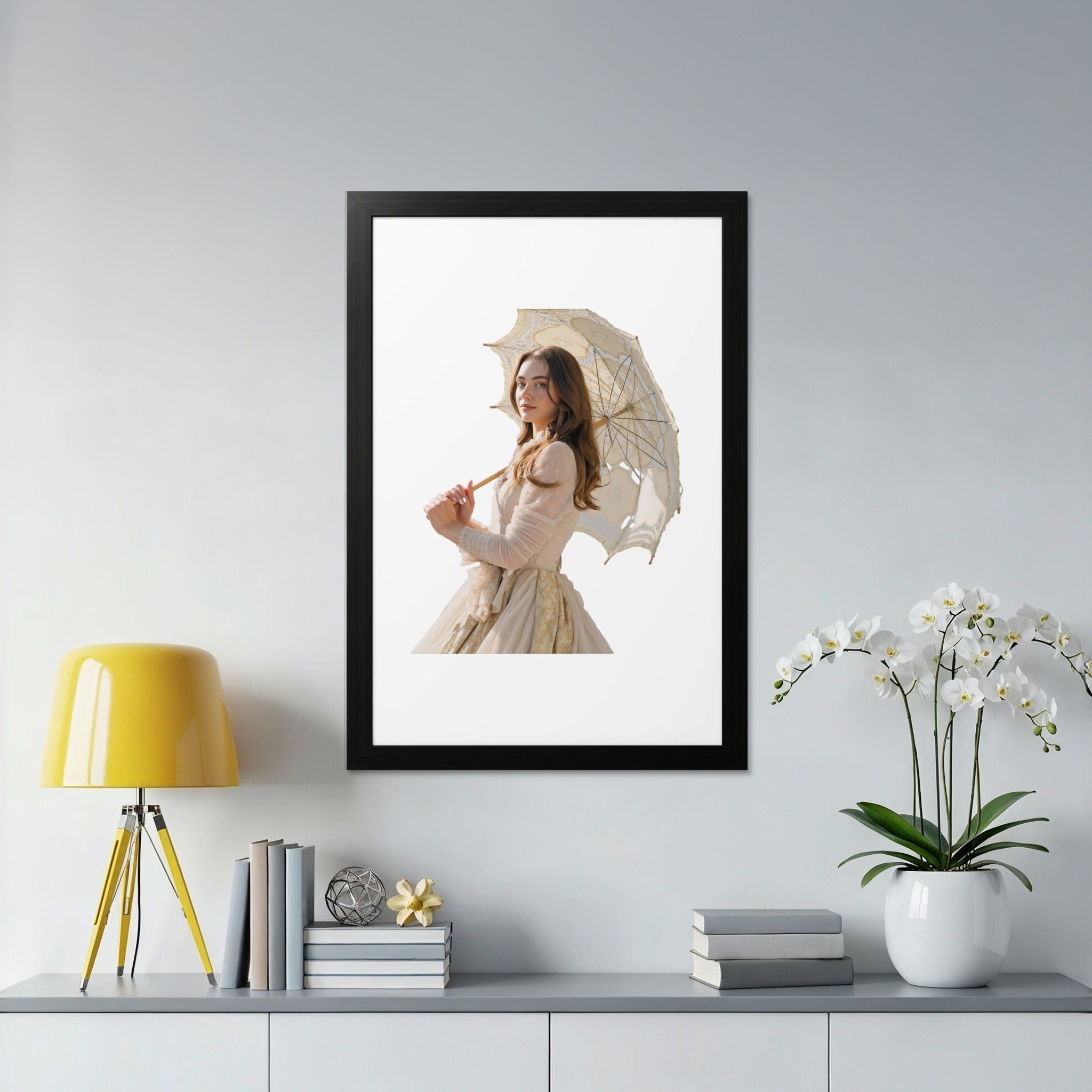 Woman in Victorian dress holding a parasol, framed artwork on a shelf.