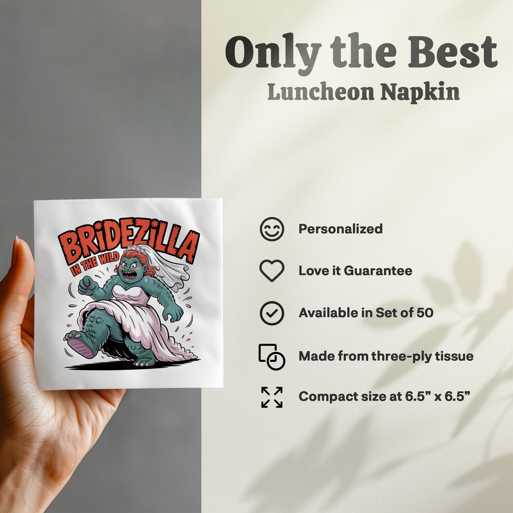 Bridezilla napkin with cartoon monster bride in wedding dress.