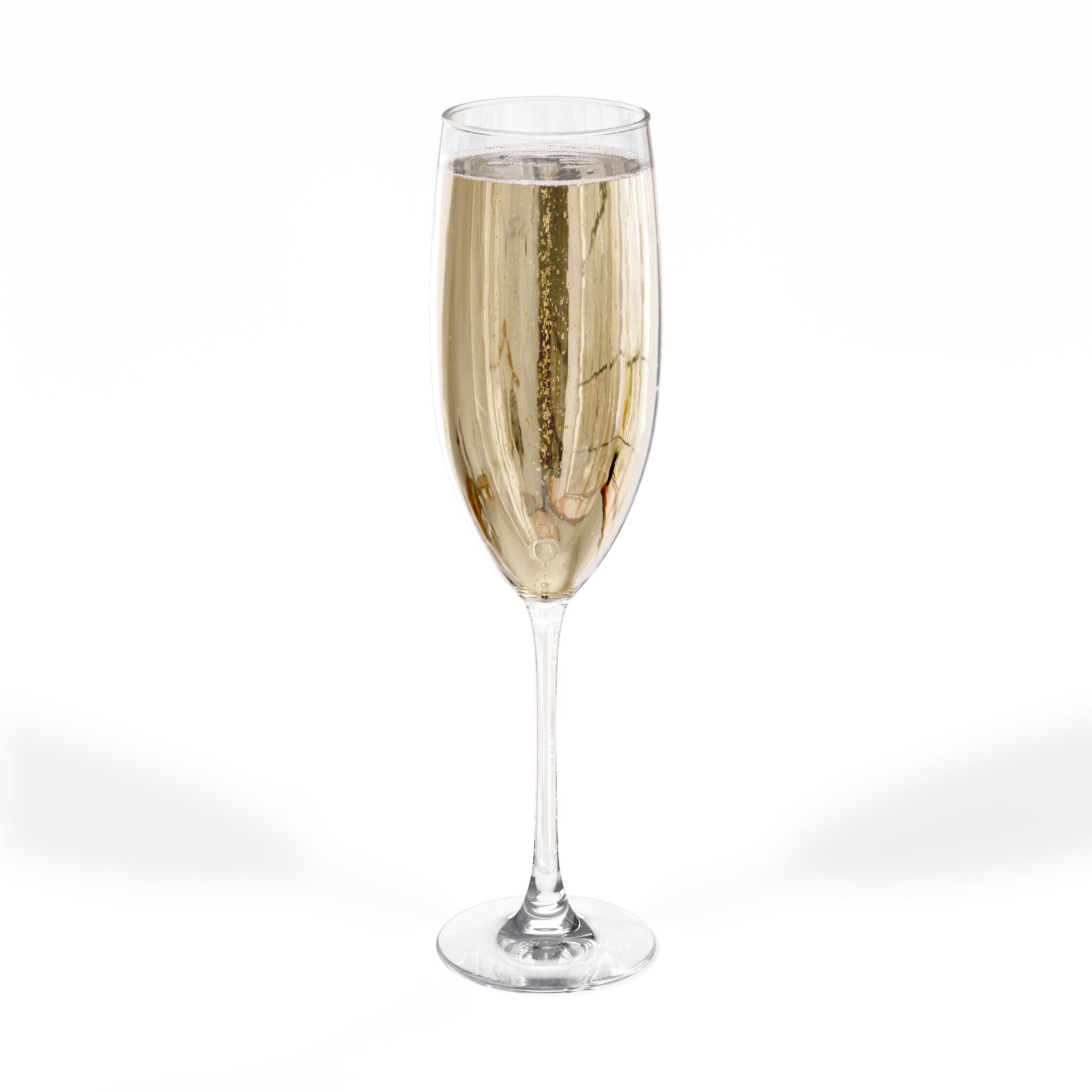 Tall flute glass filled with bubbly champagne against a white background.