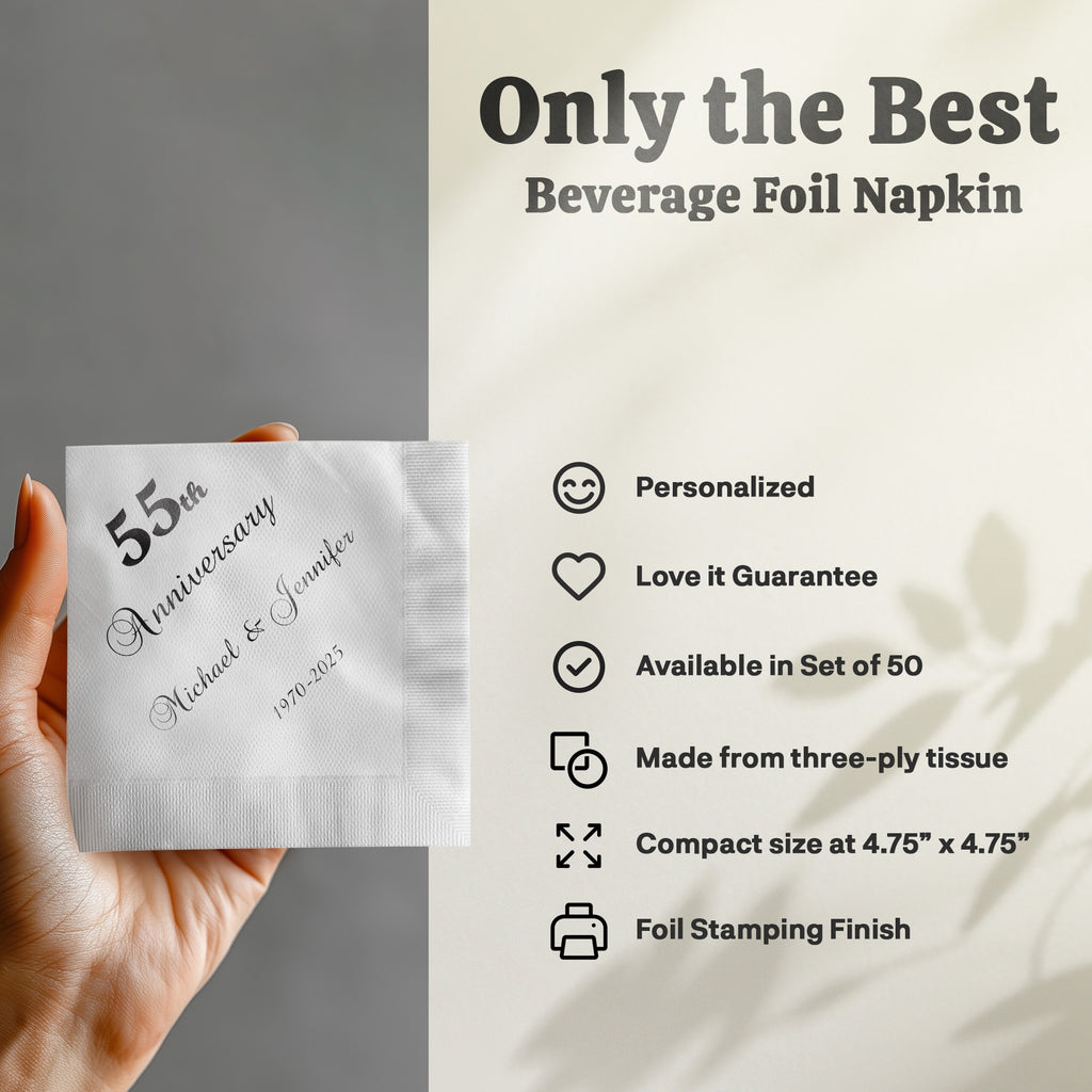 Personalized 55th Anniversary beverage foil napkin with "Michael & Jennifer 1970-2025".